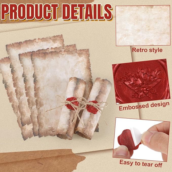 Vintage Writing Invitations Set Includes 100 Letter Antique Scroll Rustic Papers 100 Wax Seal Stickers 3 Strands of Twine for Valentines Mother Stationery Old Medieval Cardstock(5 x 7 Inch)