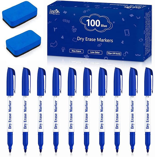 Dry Erase Markers, 100 Bulk Pack Blue Whiteboard Markers with 2 Eraser, Fine Point Dry Erase Markers Perfect For Writing on Whiteboards, Dry-Erase Boards,Mirrors for School Office Home