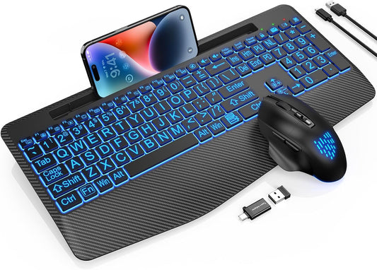 Wireless Keyboard and Mouse Backlits, Wrist Rest, LED Mouse, Rechargeable Ergonomic Keyboard with Phone Holder, Silent Light Up Combo for Computer, Mac, PC, Laptop, Chromebook (Black Large Print)