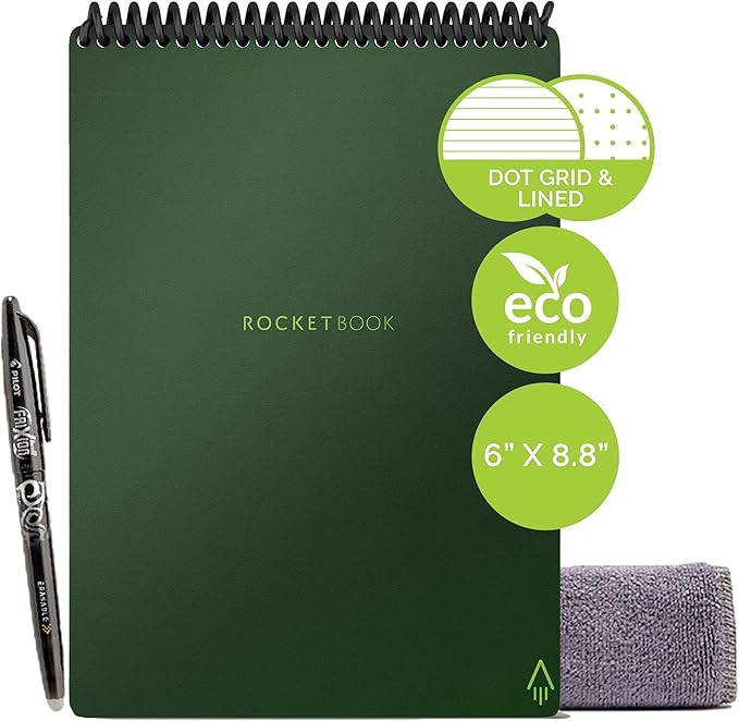 Rocketbook Smart Reusable Notebook, Flip Executive Size Spiral Notebook, Green, (6" x 8.8"")