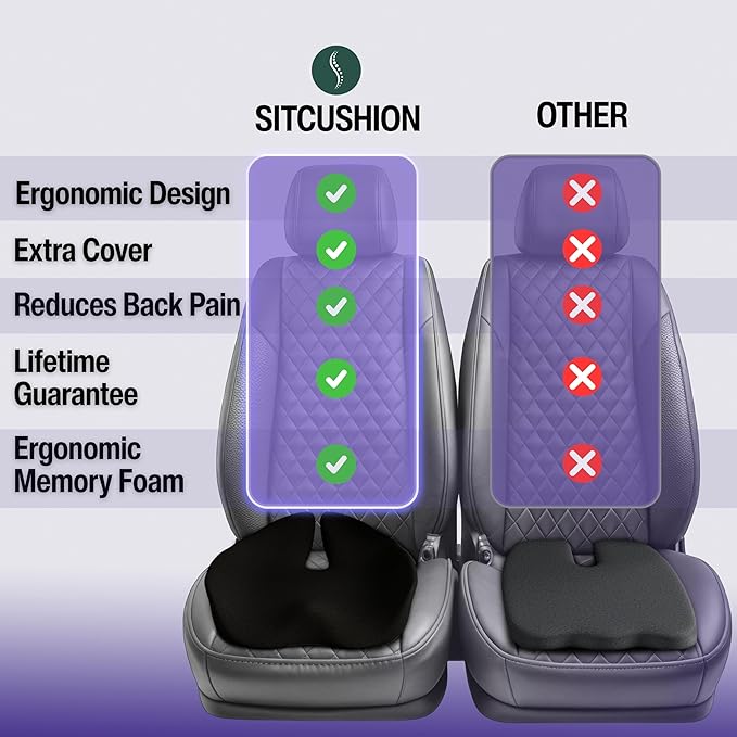 Car Seat Cushion for Driving — Orthopedic Memory Foam Car Seat Pad for Sciatica, Tailbone, and Back Pain Relief for Long Drives. Bonus: with Extra Non-Slip/Washable Cover(Black)