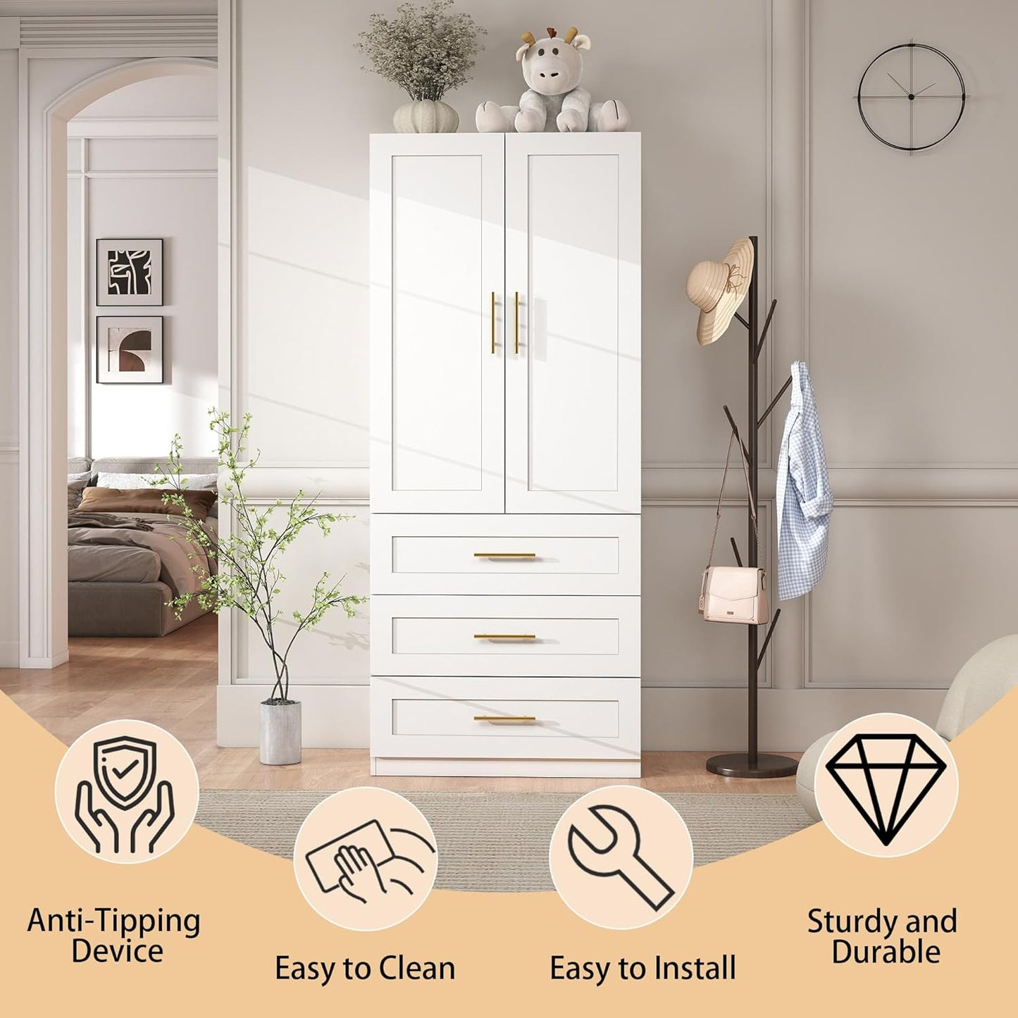 White Wardrobe with 2 Doors: 75" Tall Armoire Wardrobe Closet with 3 Drawers, Bedroom Closet Cabinet for Hanging Clothes, Wooden Storage Armoire with Shelves (Modern, 1)