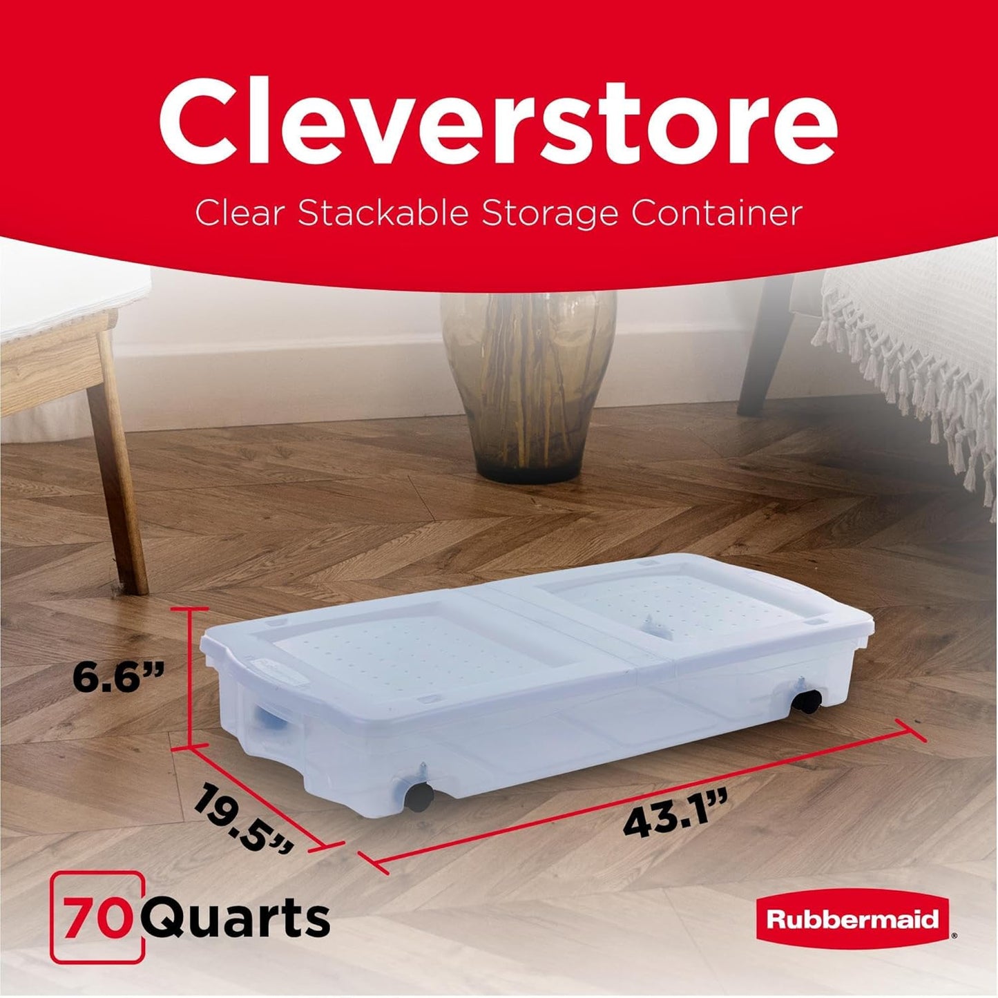Rubbermaid Cleverstore Under the Bed 70 Qt Wheeled 2-Pack, Clear Storage Bins with Lids, Stackable, BPA-Free, Made in USA