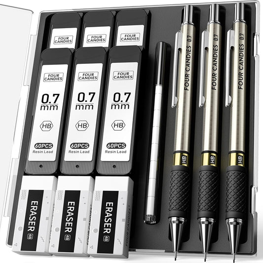 Four Candies Metal Mechanical Pencil Set - 3PCS 0.7mm Art Mechanical Pencils & 360PCS HB Lead Refills & 3PCS Erasers & 9PCS Eraser Refills, Drawing Mechanical Pencils for Writing, Sketching-With Case