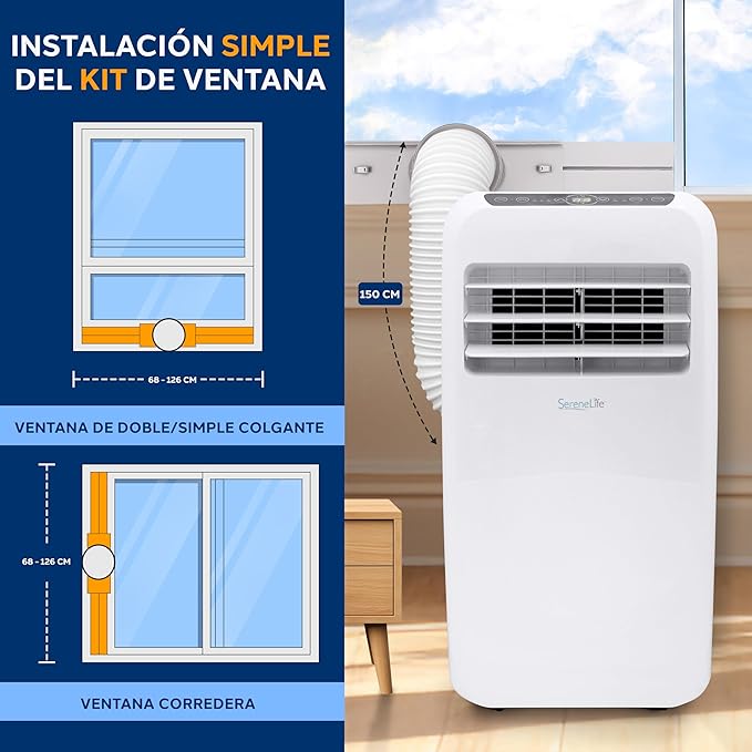 SereneLife Small Air Conditioner Portable 10,000 BTU with Built-in Dehumidifier - Portable AC unit for rooms up to 450 sq ft - Remote Control, Window Mount Exhaust Kit