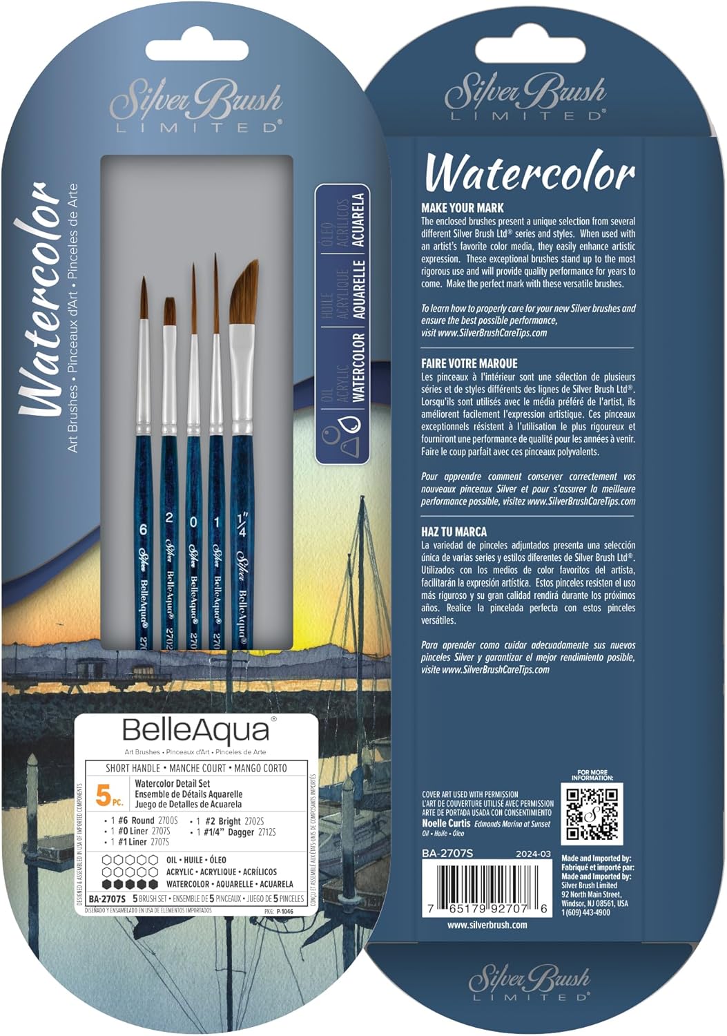 Silver Brush Limited BA-2707S BelleAqua Watercolor Detail Set, 5pc Professional Short Handle Watercolor Brush Set with Soft Synthetic Red Sable Bristles, Round, Bright, Liners & a Dagger Striper Brush