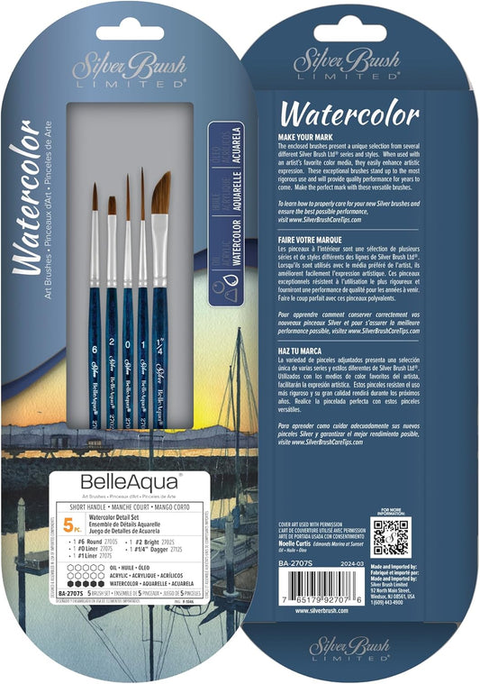 Silver Brush Limited BA-2707S BelleAqua Watercolor Detail Set, 5pc Professional Short Handle Watercolor Brush Set with Soft Synthetic Red Sable Bristles, Round, Bright, Liners & a Dagger Striper Brush
