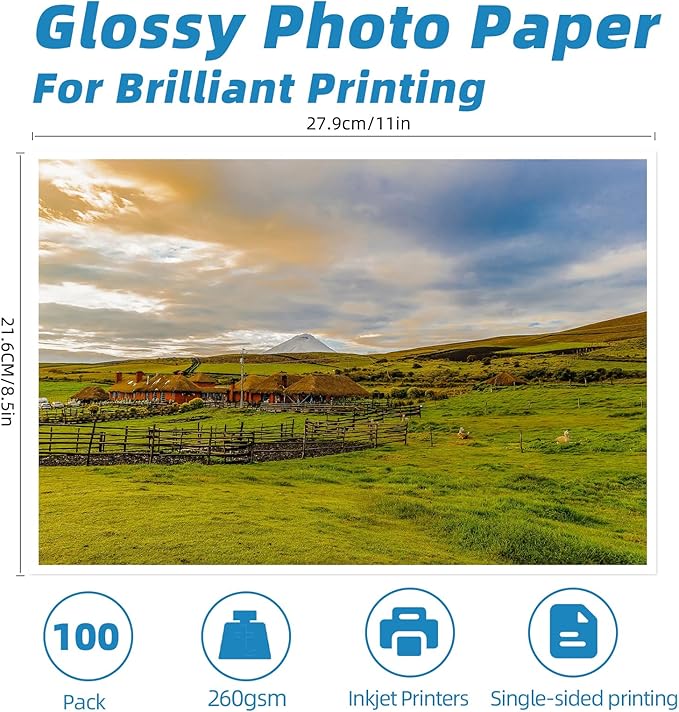 Uinkit 100 Sheets Heavyweight Thick Glossy Photo Paper Single side 8.5x11 Inkjet 68lb 260Gsm DIY Greeting Card Placemat Craft Project Signage Christmas Poster 11.8Mil for Inkjet printer