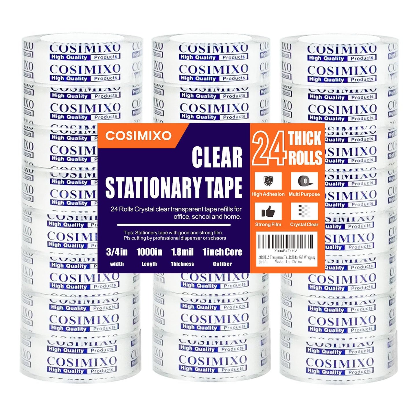 COSIMIXO 24Rolls Crystal Clear Tape Refills for Dispenser, 3/4Inch x 1000 inch,Bulk Transparent Tape,Office Stationery Tape for Home and School