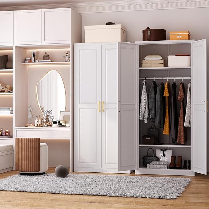 Metal Armoire Wardrobe Closet with Doors and Shelves, 71" Tall Freestanding Wardrobe Cabinet for Hanging Clothes, Large Closet with Hanging Rod for Bedroom, White, Assemble Required