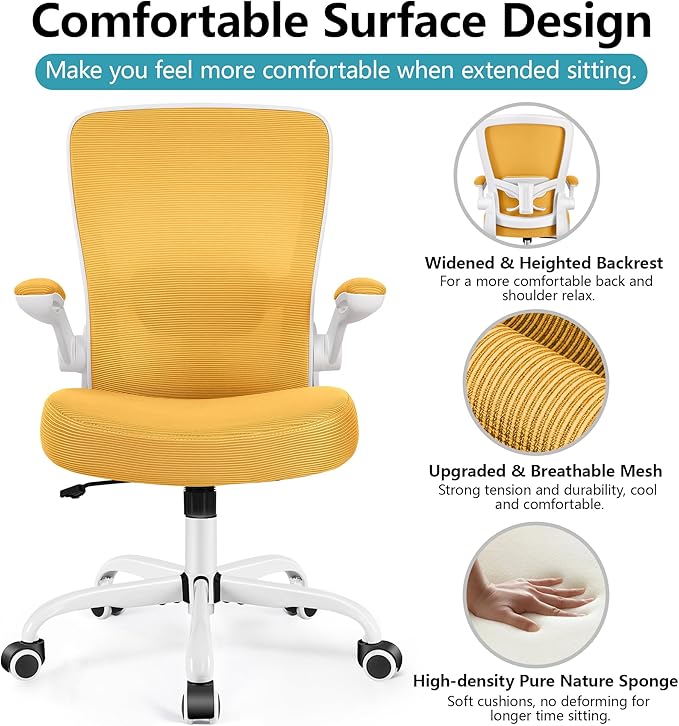 FelixKing Office Chair, Ergonomic Desk Chair Breathable Mesh Chairs with Adjustable High Back Lumbar Support Flip-up Armrests, Executive Swivel Comfy Task Computer Chairs for Home Office Yellow