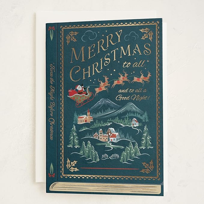 Minted The Night Before Christmas Cards, 8 Cards with Envelopes, Folded 5x7 Holiday Card with Vintage Santa Sleigh, Reindeer & Village Design, Gold Foil Pressed, Luxurious Paper, Interior Message