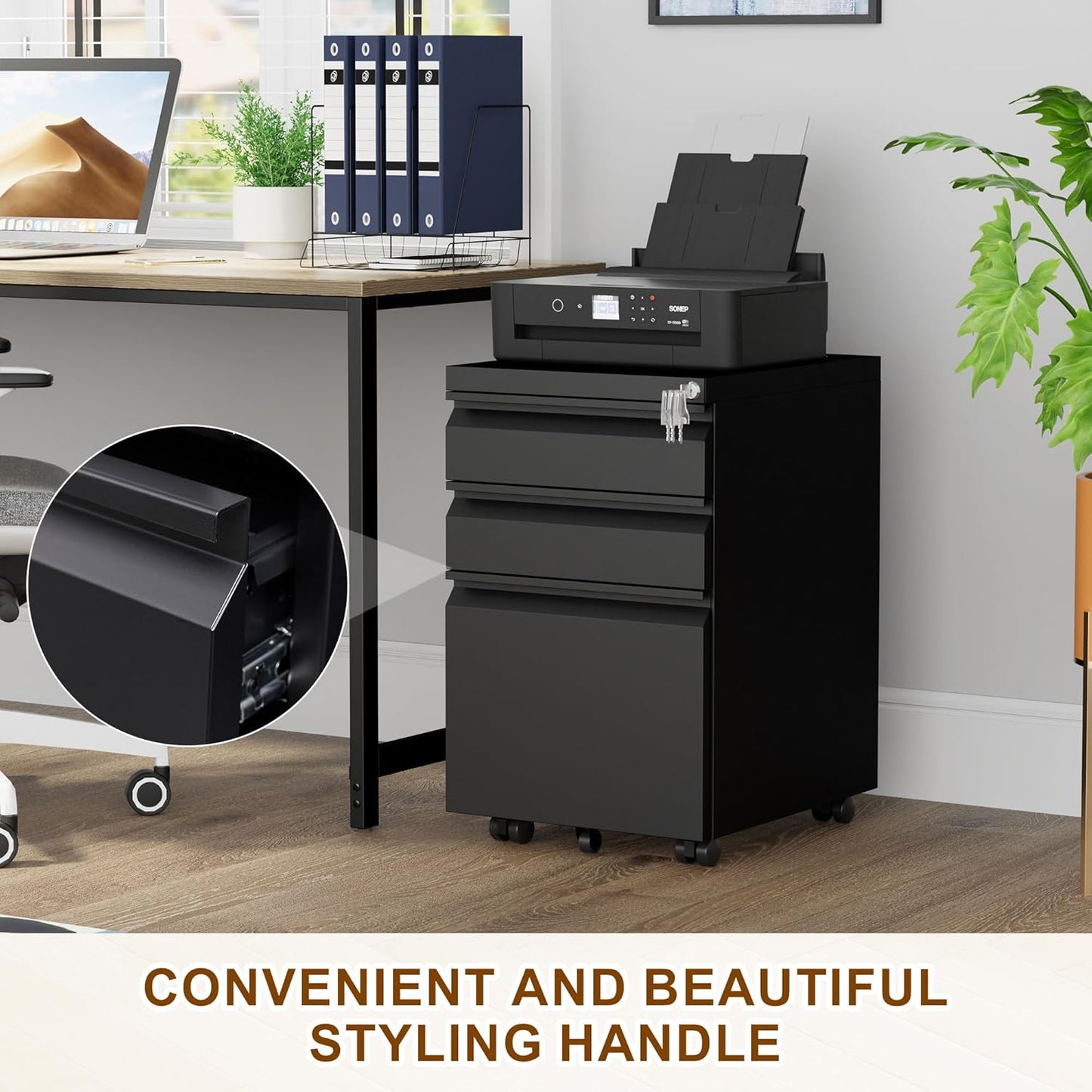 Metal Mobile File Cabinet with Lock and 4 Keys - Fully Assembled, Under Office Desk 3 Drawers Filing Cabinet for Home Office with Anti-tilt Wheels, A4/Legal/Letter Hanging File Drawers