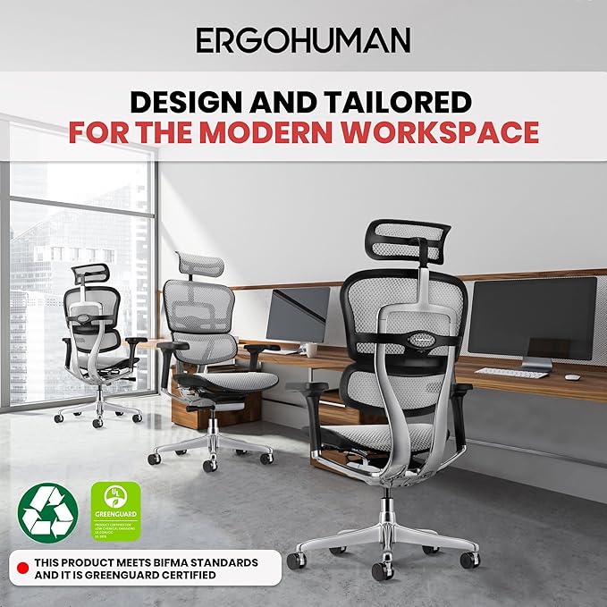 Ergohuman Eurotech ME7ERG GEN2 High Back Mesh Office Chair with Tilt Tension Control, Tilt Lock, Back Angle, Back Height, Synchro Tilt, Seat Height, Seat Depth, and Arm Height Adjustments, Grey