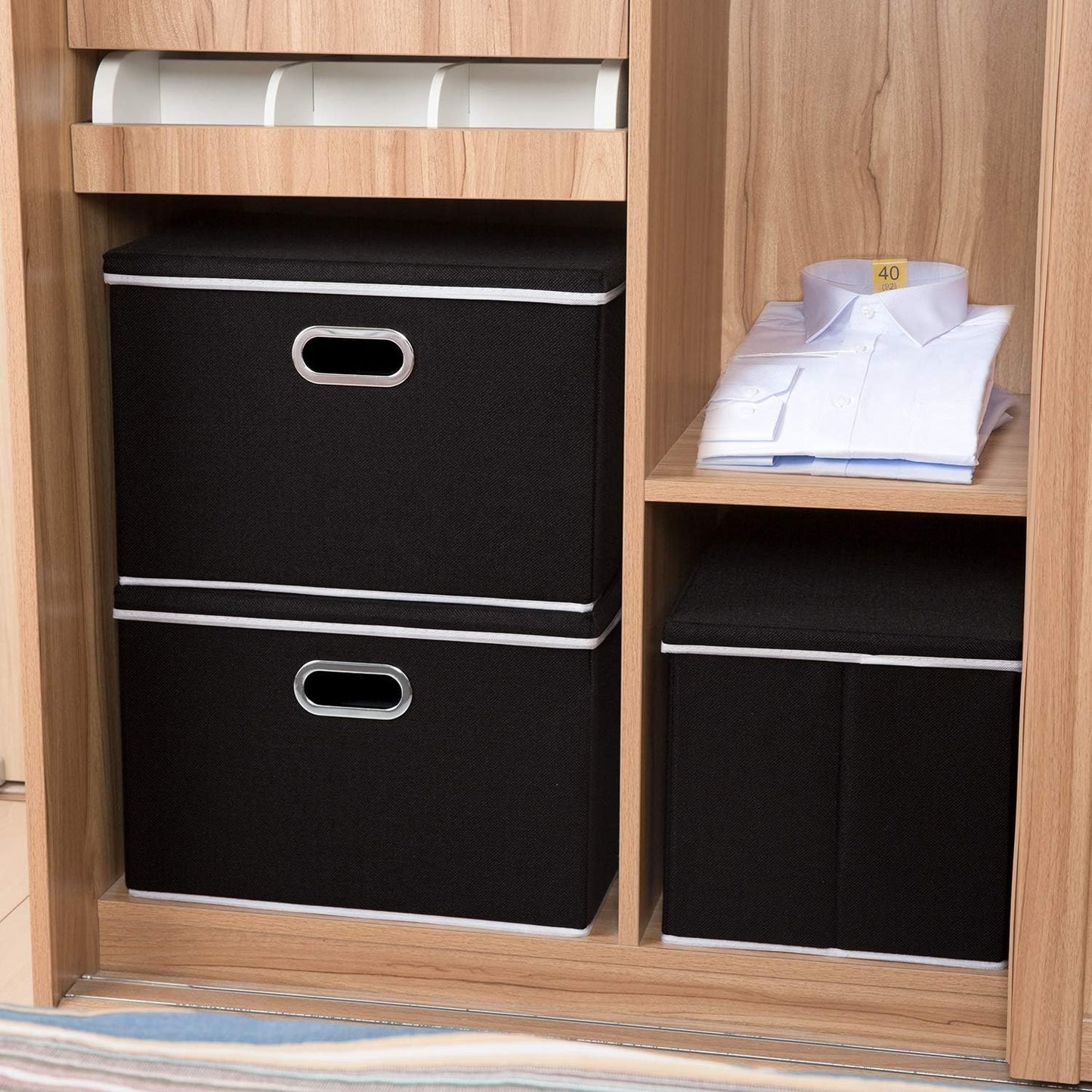 PRANDOM Large Foldable Storage Box with Lid [1-Pack] Fabric Collapsible Storage Bin Organizer Container Basket Cube with Cover for Home Bedroom Closet Office Nursery Black (17.7x11.8x11.8)