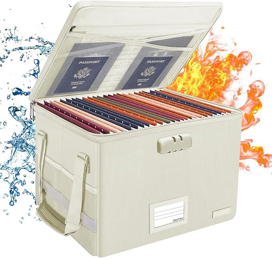 ENGPOW File Box with Lock, Fireproof Document Box with Zipper Lid,Collapsible File Storage Organizer Box Filing Box with Handle,Portable Home Office Safe Box for Hanging Letter/Legal Folder,Beige