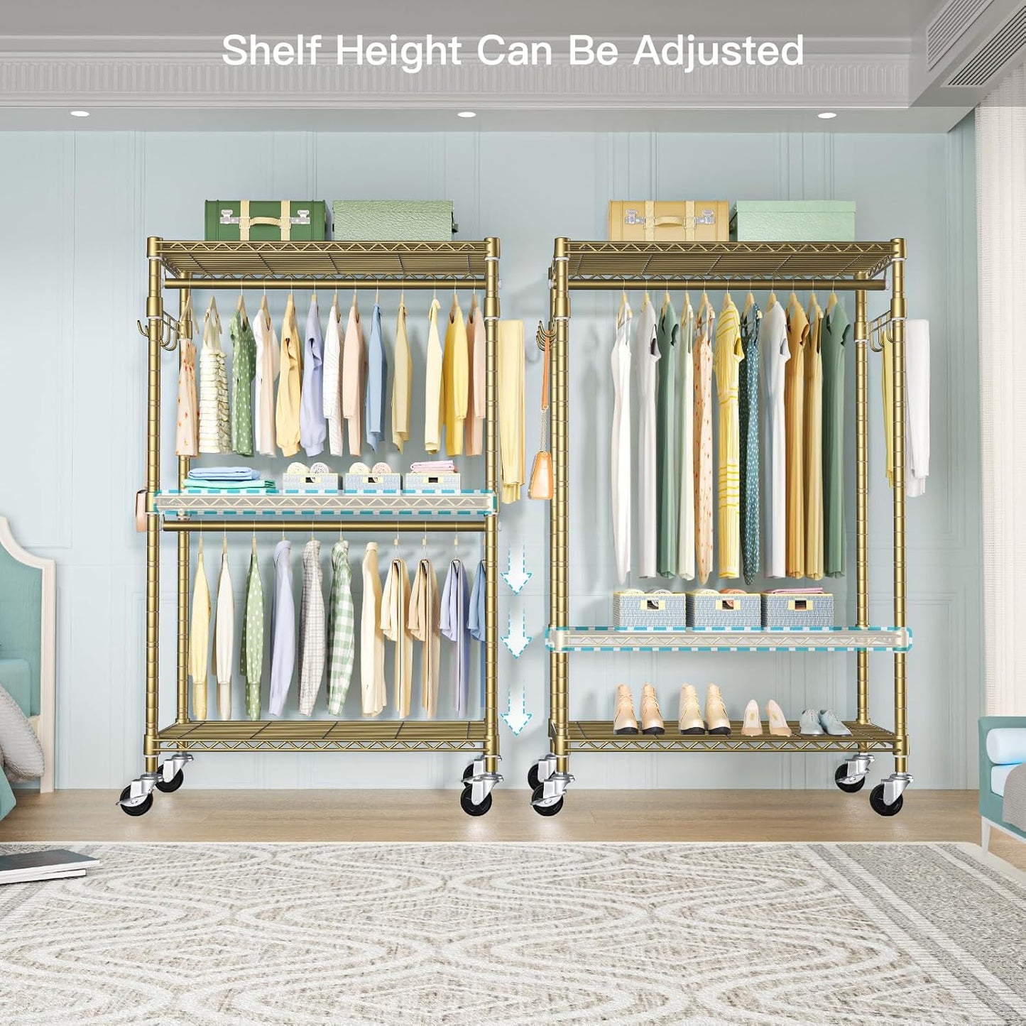 P1 Rolling Clothes Rack, Movable Metal Garment Closet Organizer with Lockable Wheels, Clothing Wardrobe with Double Hanger Rods and Hooks, 35.4" W x 15.7" D x 80.5" H, Load 450lbs, Gold