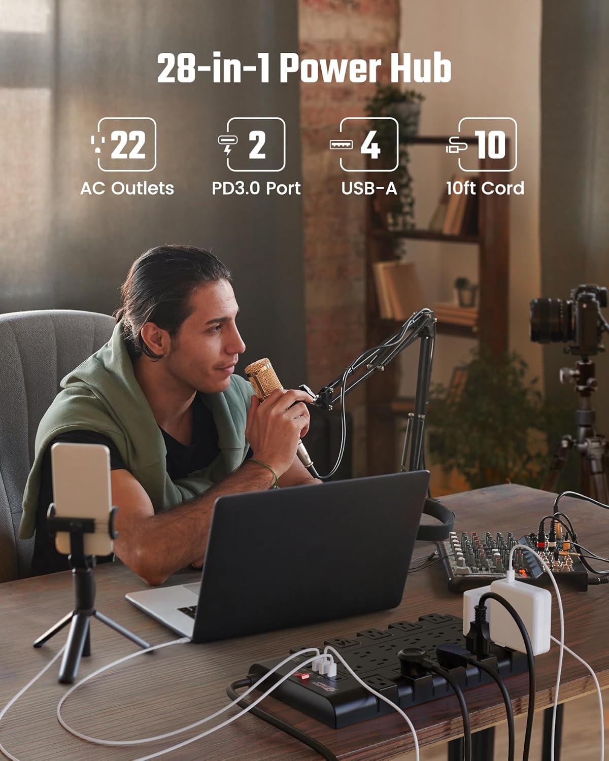 10Ft Power Strip Surge Protector, SUPERDANNY Charging Station 22 Outlets with 45W Type-C Fast Charging USB Ports, 4 USB-A, 2 USB-C, 2100J, 15A/1875W, Flat Plug Extension Cord for Home Office Black