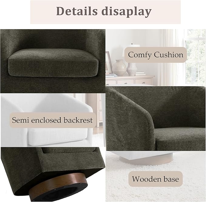 UIXE Swivel Accent Chair with Wood Base, Chenille Upholstered Barrel Chairs for Living Room, Comfy Round Armchair Single Sofa Bedroom Reading Seat - 31" W, Tan