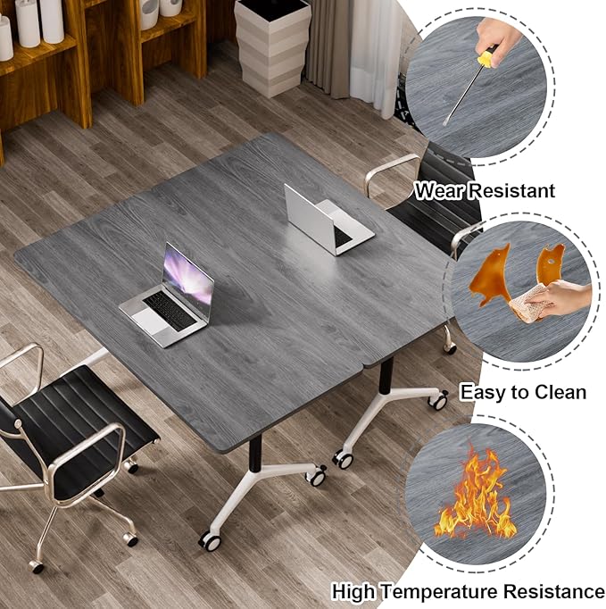 Folding Conference Table, Modern Large Conference Room Tables with Flip-Top Design, Foldable Conference Table Meeting Table with Wheels, Mobile Seminar Training Tables for Office Classroom (8, Oak)