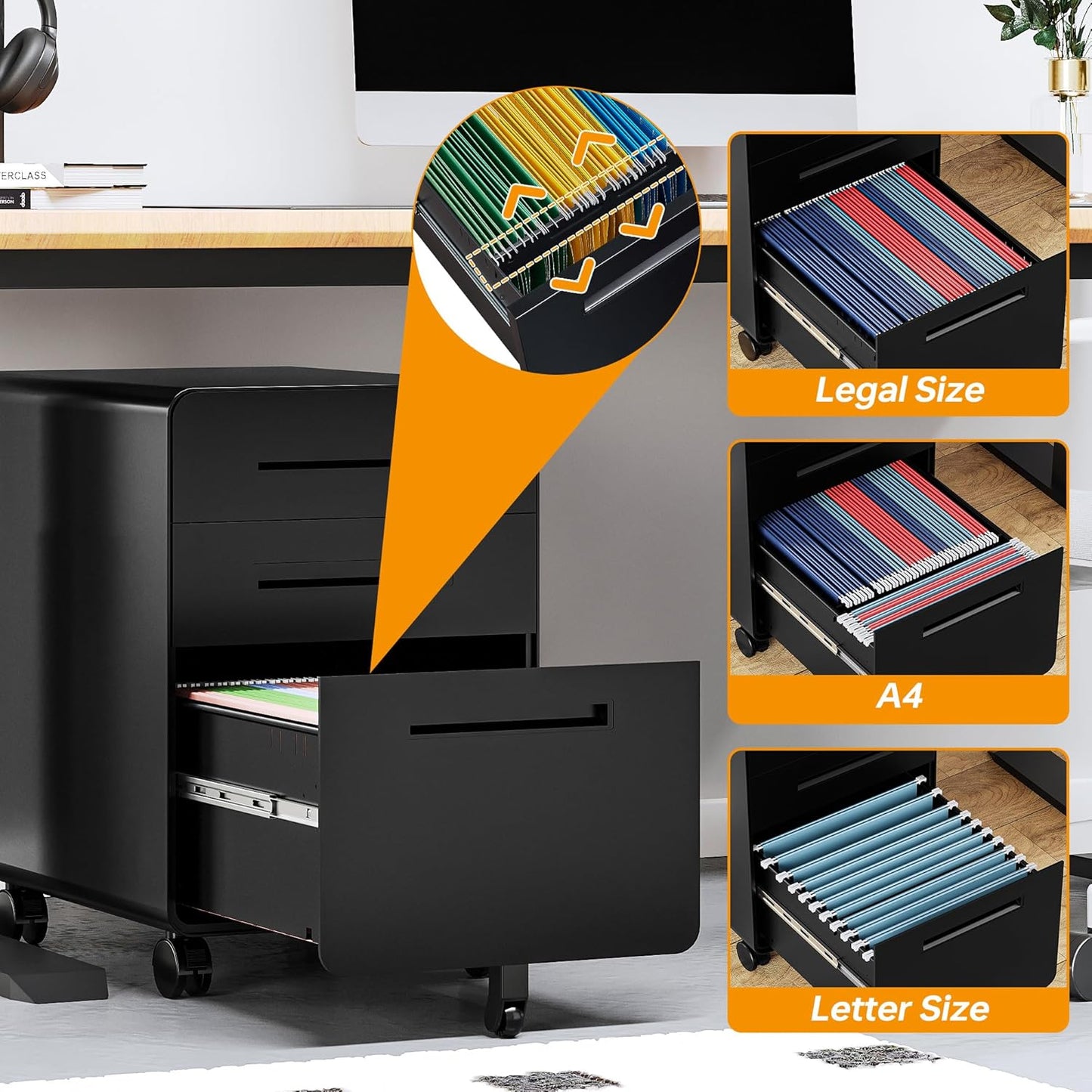 STANI 3 Drawer Filing Cabinet, Metal Filing Cabinet Legal/Letter Size with Lock, Mobile Storage Cabinet for Home and Office, Fully Assembled Except Wheels