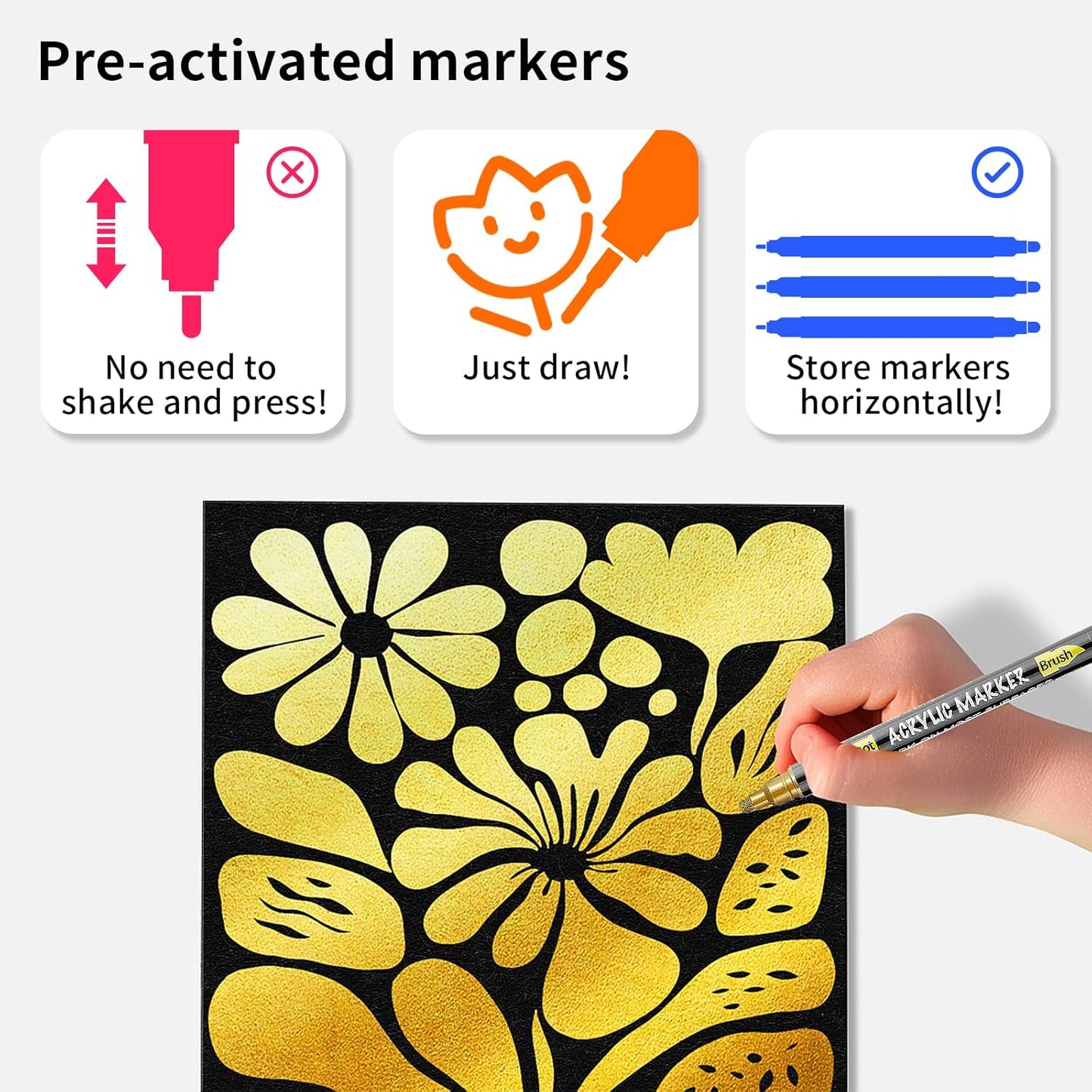 NAWOD 3 Gold Acrylic Paint Pens Markers, Dual Tip (Dot Tip + Brush Tip), for Rock Painting Fabric Canvas Glass Wood Ceramic Paper Eggs, Fabric Marker Ideal for Labeling DIY Crafts Art Projects
