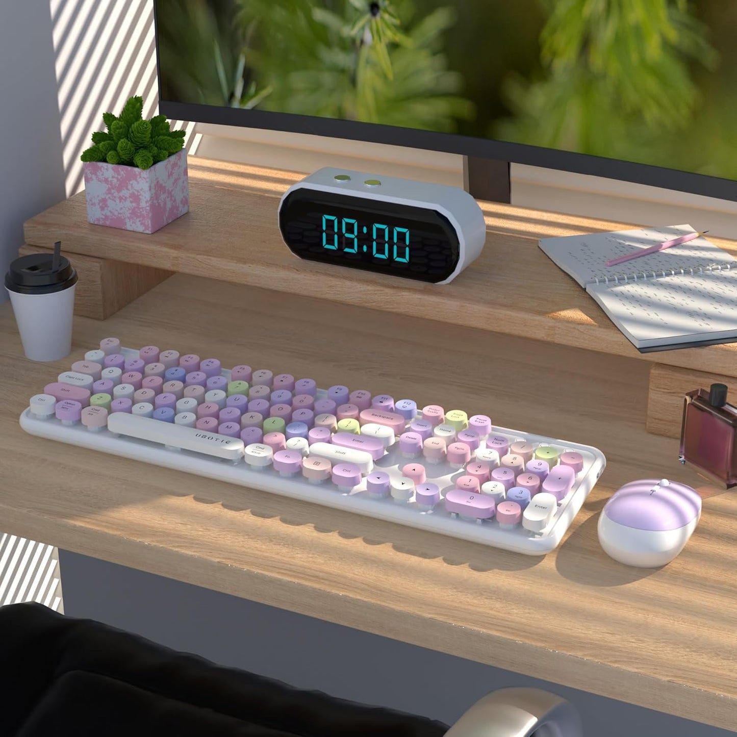 UBOTIE Colorful Computer Wireless Keyboards Mouse Combos, Typewriter Flexible Keys Office Full-Sized Keyboard, 2.4GHz Dropout-Free Connection and Optical Mouse (White-Colorful)