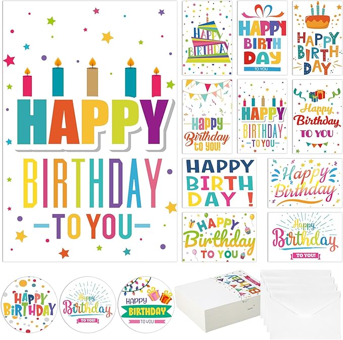 Harloon 200 Pack Happy Birthday Card Assorted Bulk with Blank Envelopes and Stickers 4 x 6 Inches Greeting Blank Happy Birthday Cards for Men Women Adults Kids, 20 Styles(Colorful Words)