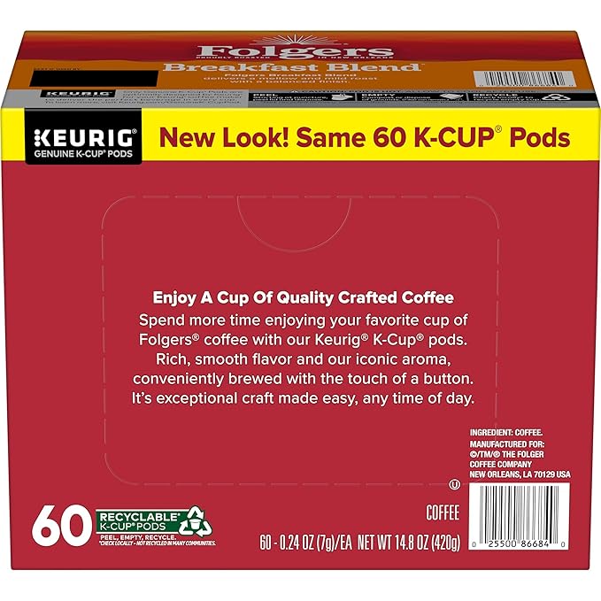Folgers Breakfast Blend Coffee, Mild Roast, Keurig K-Cup Pods, 10 Count (Pack of 6)