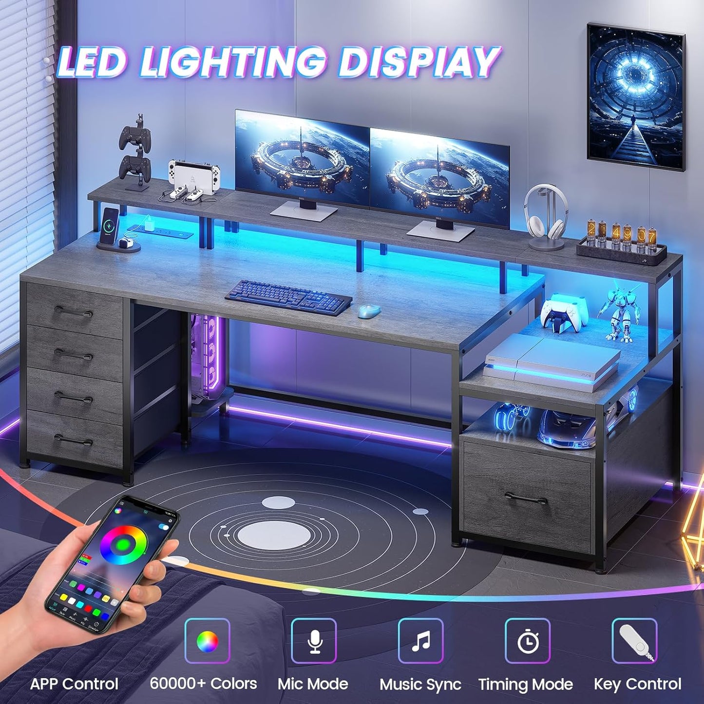 SEDETA 75'' Computer Desk with 5 Drawer, Power Outlet & Led Lights, Home Office Desk with File Drawer, Storage Shelves, Printer Cabinet and Monitor Shelf, 23.6" W Large Desktop Gaming Desk, Grey