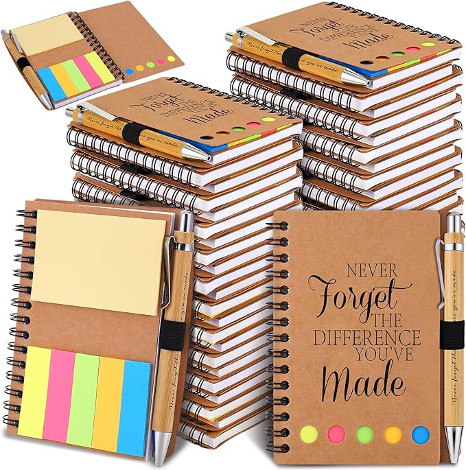 20 Sets Employee Appreciation Gifts Inspirational Spiral Notebooks with Sticky Notes Notepads Motivational Bamboo Ballpoint Pens for Nurse Coworker Teacher (NEVER FORGET)