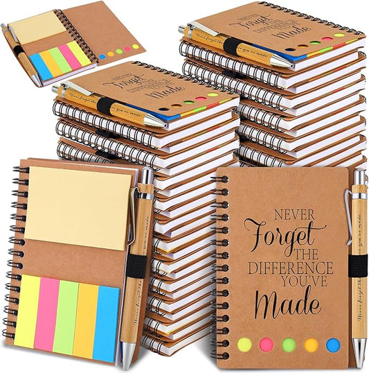 20 Sets Employee Appreciation Gifts Inspirational Spiral Notebooks with Sticky Notes Notepads Motivational Bamboo Ballpoint Pens for Nurse Coworker Teacher (NEVER FORGET)