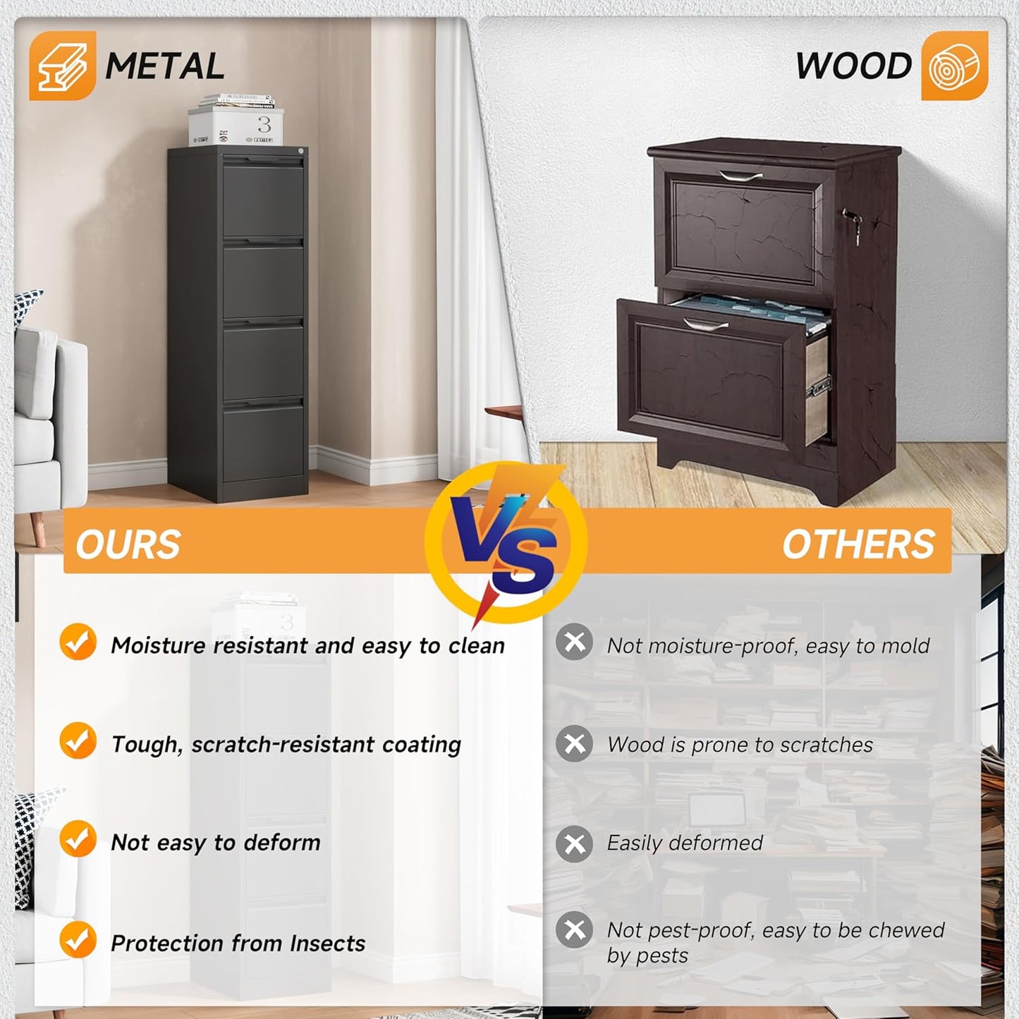 4 Drawer File Cabinet, 17.8" D Metal Filing Cabinets with Lock, Vertical Filing Cabinet for Home Office, Steel File for Letter/Legal/A4/F4 Size, Easy Assemble (Black)