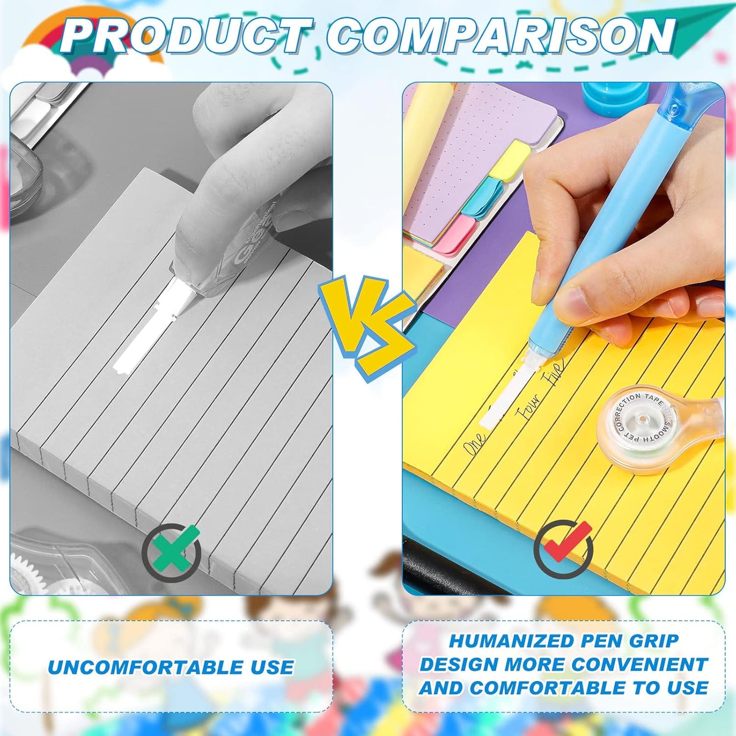 10 Pack Correction Tape Pen Correctional Ink Tape Push Pull Protective, Easy to Use Applicator for School Office Supplies, 0.2 x 236 Inch(Bright Color)