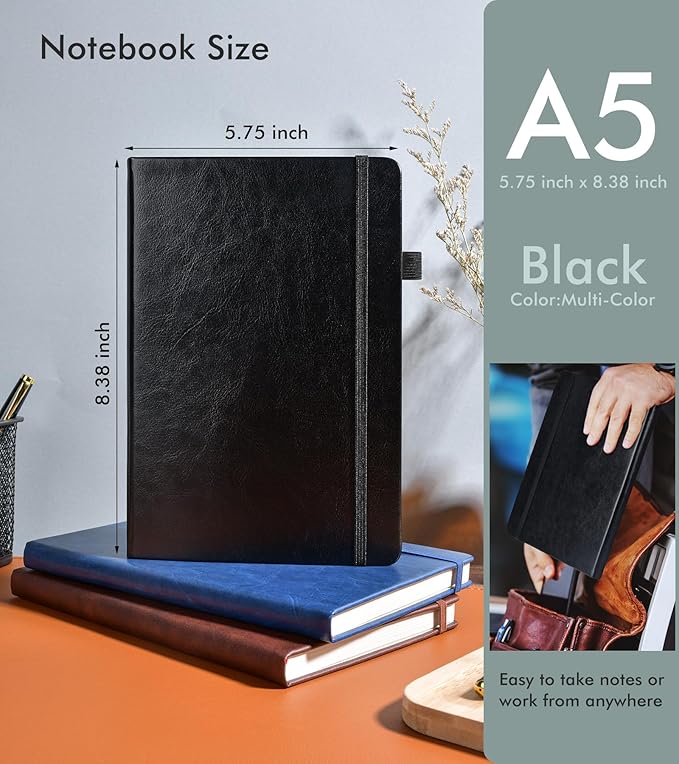 Lined Journal Notebook for Men Women, 200 Numbered Pages Leather Hardcover Journal with Pen, A5 Journaling Notebooks, Thick Paper College Ruled Journals for Writing Work Business 5.75'' X 8.38'' Black