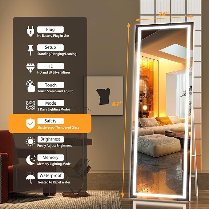Hasipu Full Length Mirror with Lights, 67" x 24" LED Lighted Floor Standing, Full Body Dressing Hanging Mounted Mirror, Dimmable, Tempered Glass, Safe to Use, Square White