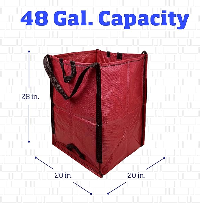DURASACK Heavy Duty Home and Yard Bags 48-Gallon Reusable Self-Standing Lawn and Leaf Bags Garbage Can with Reinforced Handles, Red, 3 Pack