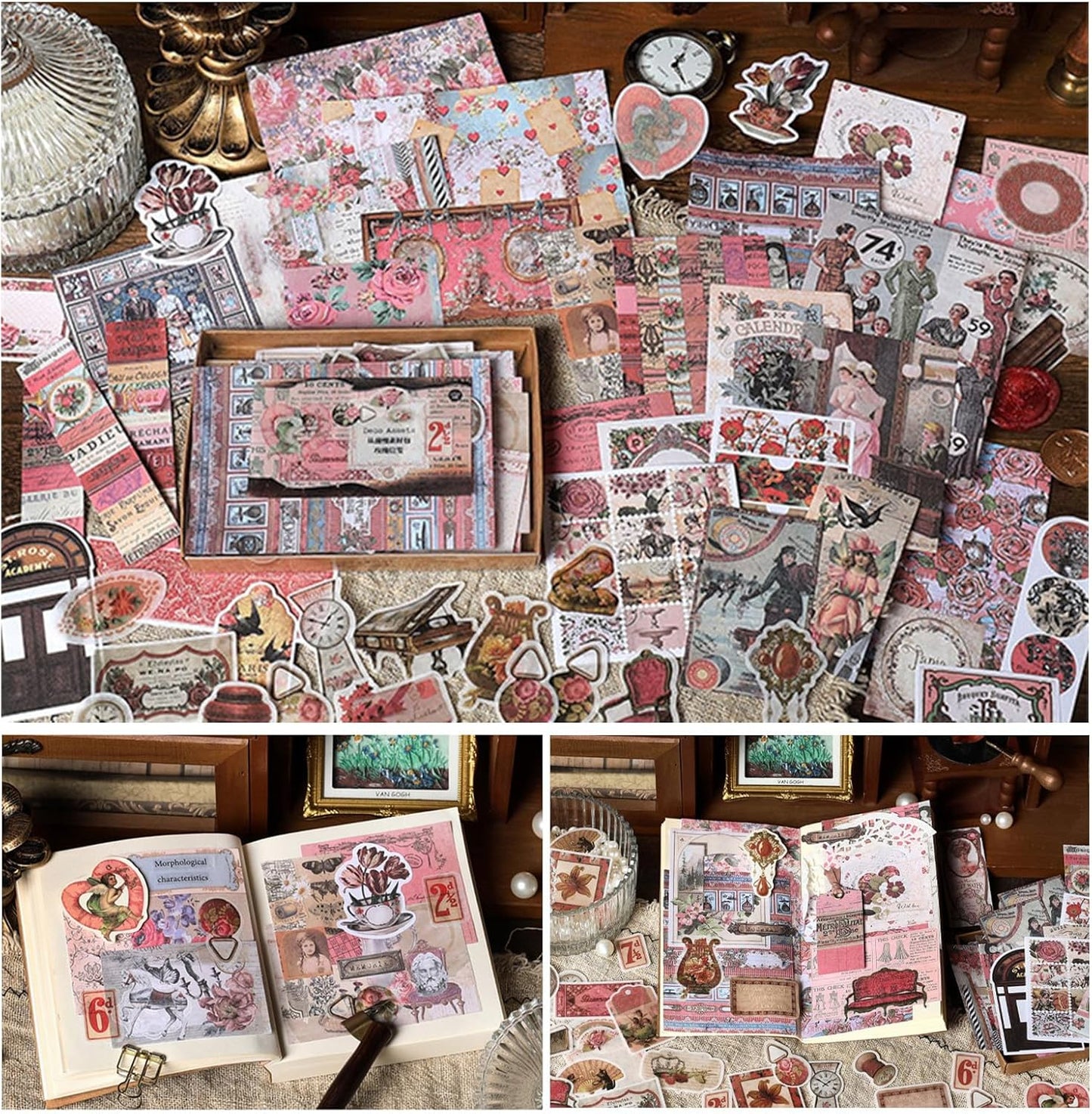 200PCS Vintage Scrapbooking Supplies Pack, Aesthetic Scrapbook Sticker Paper Art Journaling Kit for Bullet Junk Journals,Planner,Cottagecore Decor Gifts (Pink Retro Collection)