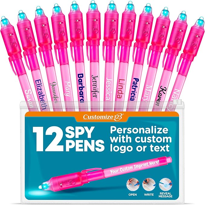 Personalized Invisible Disappearing Ink Pen Marker, Custom Secret Spy Message Writer with UV Light, Fun Activity Entertainment for Kid Party Favors Ideas Gifts and Stock Stuffers, 12 Pack, Pink