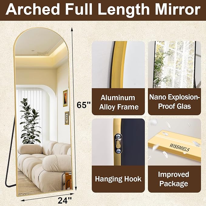 65"x24"Arched Full Length Mirror - Floor Mirror- Aluminum Alloy Frame Full Body Mirror for Bathroom Living Room Bedroom and Entryway Gold