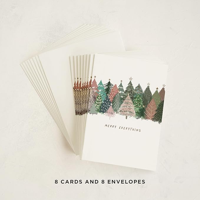 Minted Merry Everything Holiday Cards, 8 Cards with Envelopes, Folded 5x7 Christmas Card with Colorful Hand-Illustrated Christmas Trees, Gold Foil-Pressed, Luxurious Paper, Interior Message Included