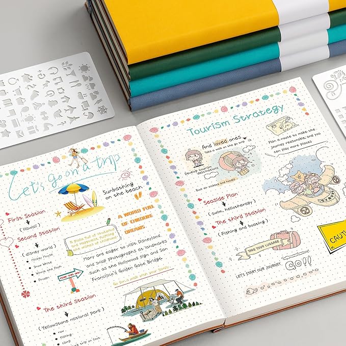 AHGXG Bullet Dotted Journal - Large A4 Notebook Dotted, 8.5''×11'', 320 Pages Dot Grid Notebook, 100gsm Thick Paper, Leather Softcover, with Journal Stencils, Inner Pocket - Cyan