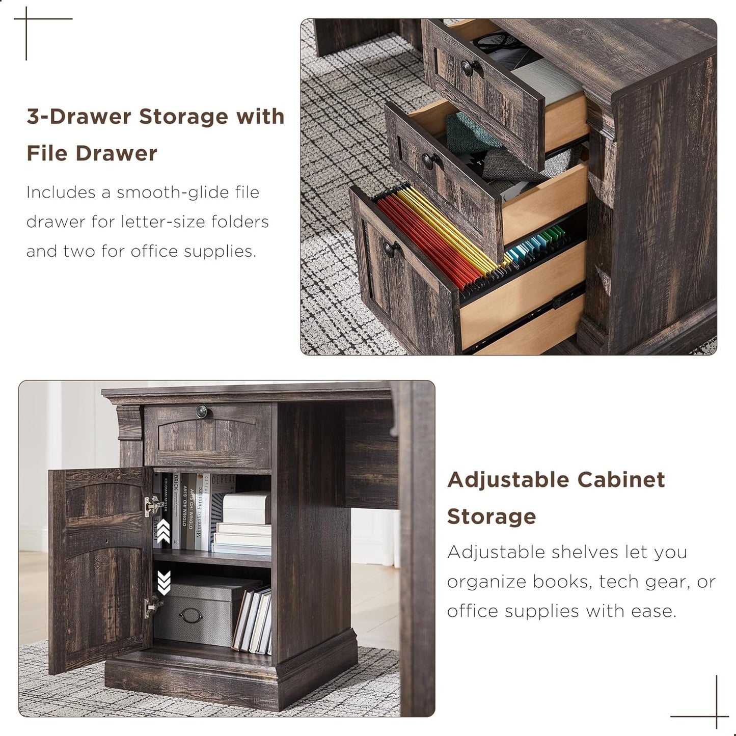 OKD 60" L Shaped Executive Desk with Drawers, Farmhouse Home Office Desk with Charging Station, File Cabinet Storage, Wood Corner Computer Desk for Work and Study, Dark Rustic Oak