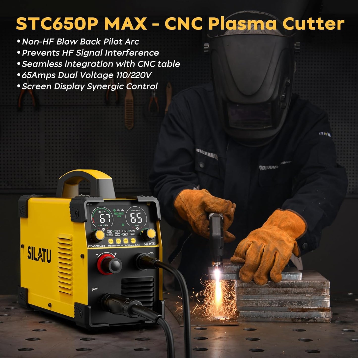SILATU CNC Plasma Cutter Machine, 65Amp Blow Back Pilot Arc Air Sensor Technology, Large Screen Display, 110V/220V Dual Voltage Non-Touch CNC Plasma Cutting Machine, 16mm Clean Cutting Thickness