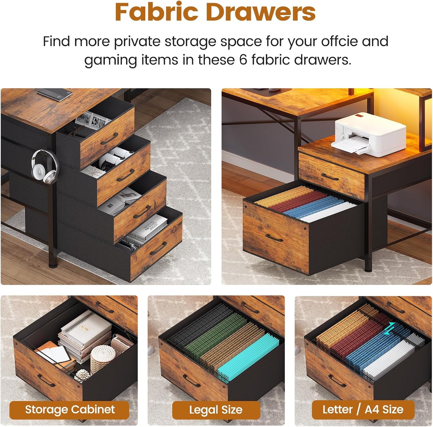 SEDETA L Shaped Desk with 6 Drawer, 108" Home Office Desk with File Drawer & Power Outlet, Corner Computer Desk with Monitor Shelf, Two Person Desk, Gaming Desk with Led Lights, Rustic Brown