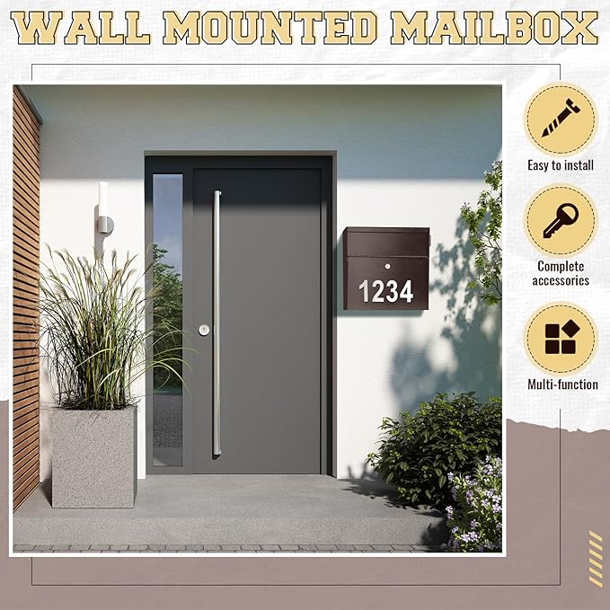 Extra Large Wall Mount Mailboxes for Outside 15.35 x 15 x 7 Inches Locking Security Mail Box Galvanized Steel Wall Mailbox Large Capacity Post Box with Key Lock and Reflective Stickers(Brown)