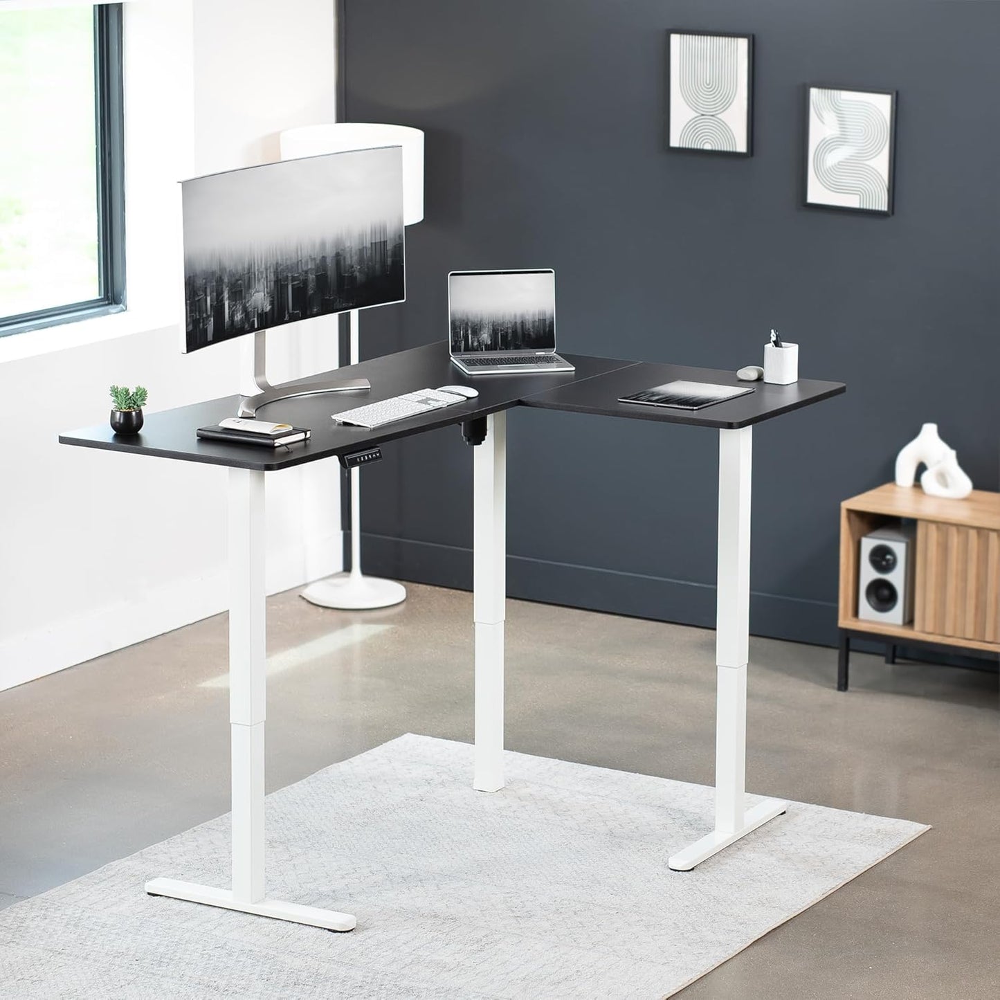 VIVO Electric Corner L-Shaped 63 x 47 in Standing Desk, Memory Height Adjustment, Black Top White Frame, DESK-E3CTWB-47