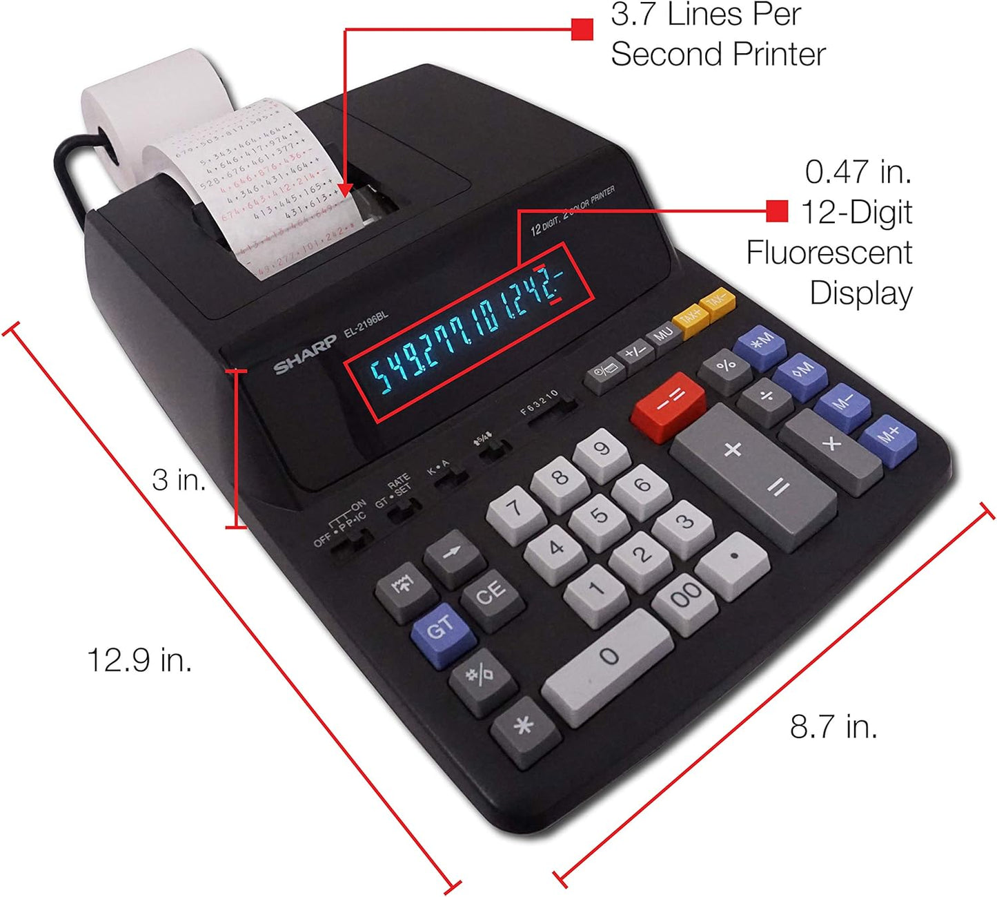 Sharp 12-Digit Print Calculator Desktop Size Adding Machine, Perfect for Everyday Use and Office, Bright, Large Easy-to-Read Numbers on Both The Display and The Two-ColorPrinted Tape (EL2196BL)
