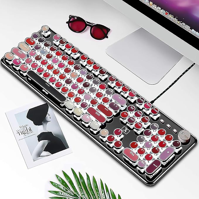 Basaltech Typewriter Style with White LED Backlight,Vintage Mechanical Gaming Keyboards with Lipstick Round Keycaps, Blue Switches 104-Keys Wired Keyboard Metal Panel for Laptop/pc