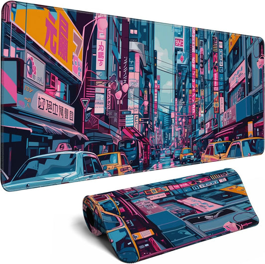 Japanese Mouse Pad Desk Pad 80s City Desk Decor Mat, Large Gaming Mouse Pad for Desk Computer Keyboard Laptop, Desk Decor Home Office Accessories (31.5x11.8 in)-with Stitched Eges Pad